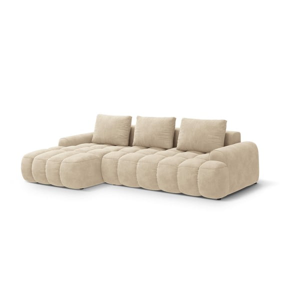 Bež žametna raztegljiva/s prostorom za shranjevanje kotna sedežna garnitura (levi kot/z ležalnikom) Linz – Cosmopolitan Design-image-2