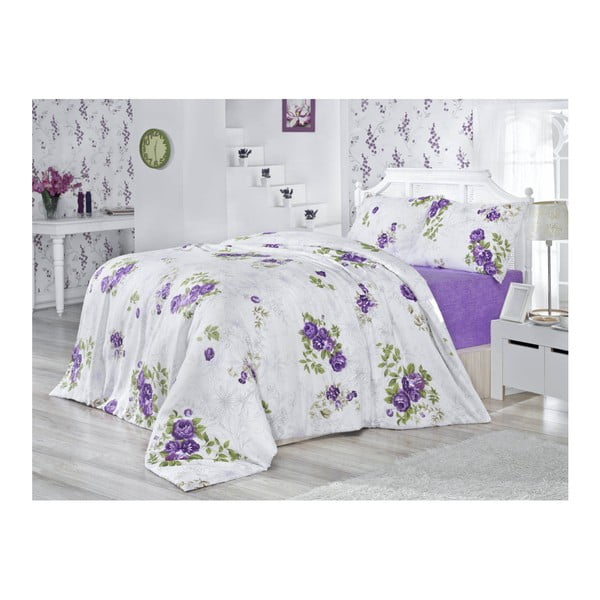 Vijolična posteljnina za zakonsko posteljo z rjuho Lilian, 200 x 220 cm