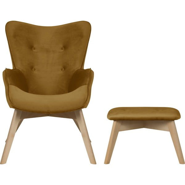 Gorčično rumen žameten fotelj z naslonjalom za noge Niko – Ropez-image-2