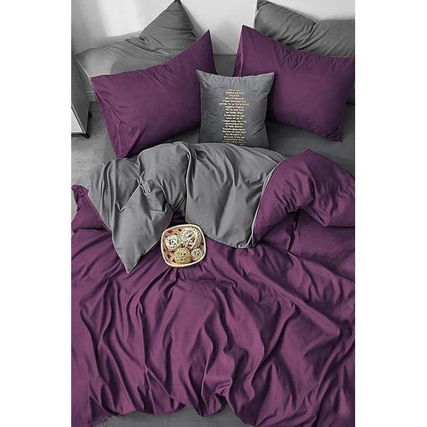 Temno vijolično-siva bombažna podaljšana posteljnina z rjuho 160x220 cm - Mila Home