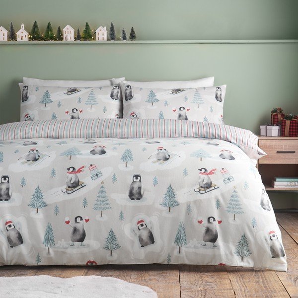Enojna flanelna posteljnina v naravni barvi 135x200 cm Brushed Christmas Penguins – Catherine Lansfield