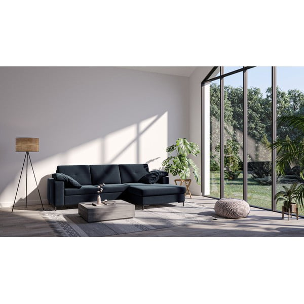 Temno modra žametna kotna raztegljiva sedežna garnitura Ghado Moor, desni kot-image-3