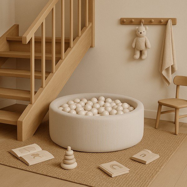 Kremno bel bazen z žogicami iz rebrastega žameta ø 90x30 cm Montessori – Meowbaby-image-2