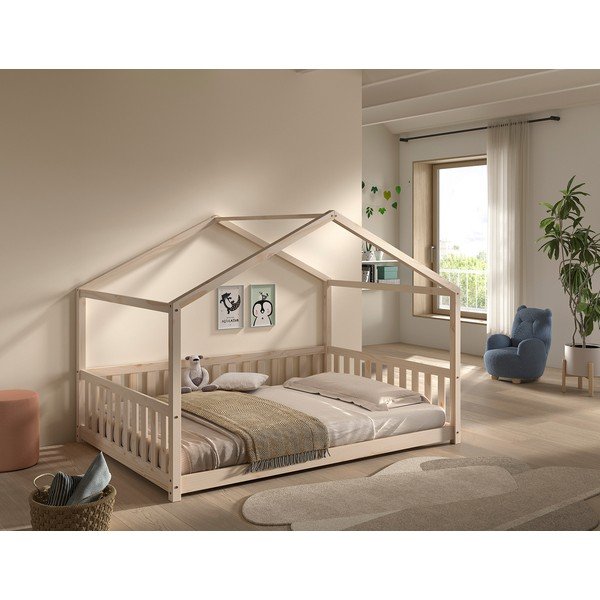 Otroška postelja iz masivnega bora v obliki hiške z letvenim dnom 140x200 cm v naravni barvi Dallas – Vipack-image-3