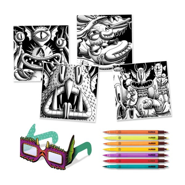 Likovni set s 7 kaligrafskimi markerji in 3D očali Djeco Monsters