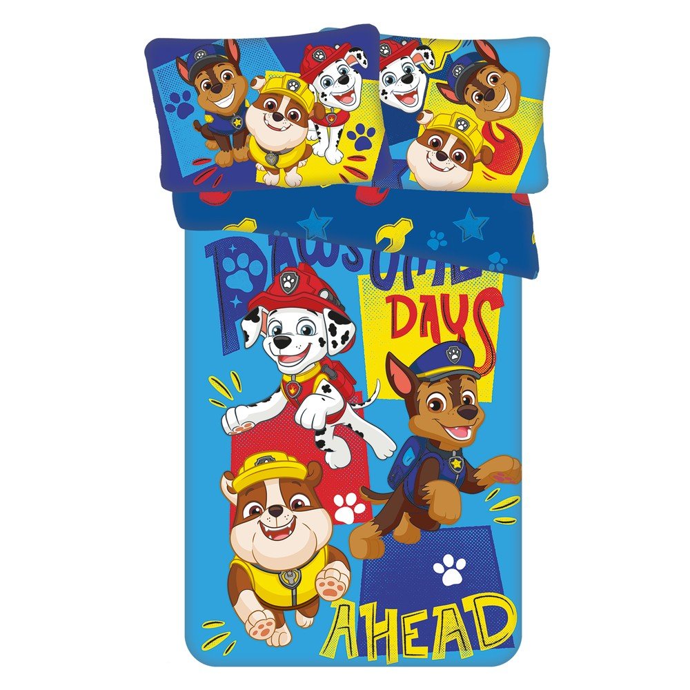 Modra bombažna otroška posteljnina za otroško posteljico 100x135 cm Paw Patrol "Pawsome days ahead"