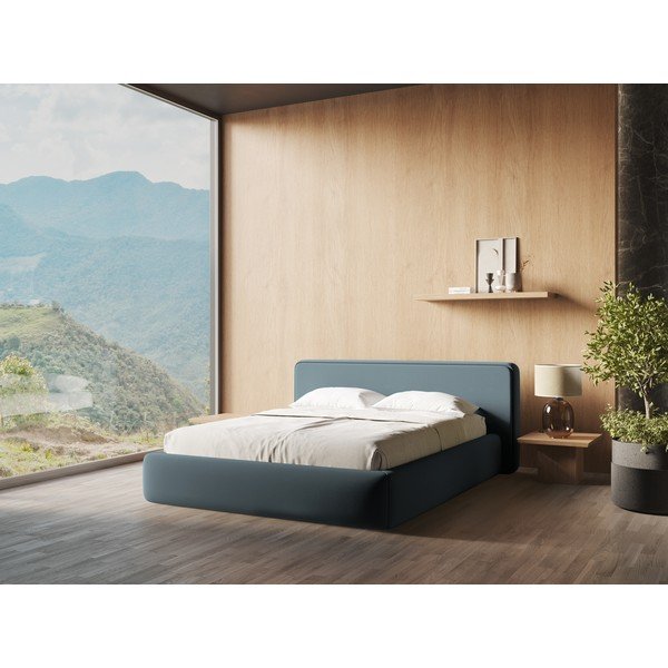 Modra oblazinjena zakonska postelja s prostorom za shranjevanje z letvenim dnom 140x200 cm Kiana – Makamii-image-1