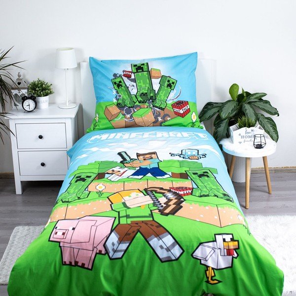 Zeleno-modra enojna bombažna otroška posteljnina 140x200 cm Minecraft "Outdoor Mobs" – Jerry Fabrics-image-1