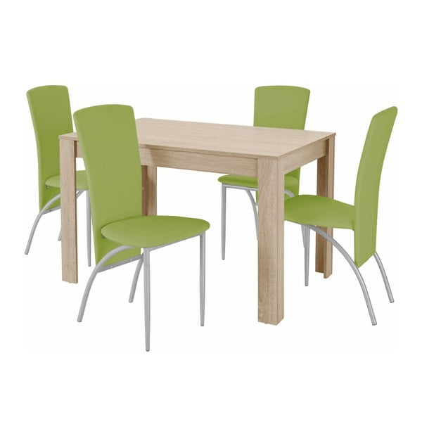 Garnitura jedilne mize in 4 zelenih jedilnih stolov Støraa Lori Nevada Oak Green