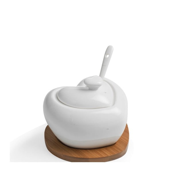 Porcelanasta posoda za sladkor z žlico in podstavkom iz bambusa Brandani Heart-image-3
