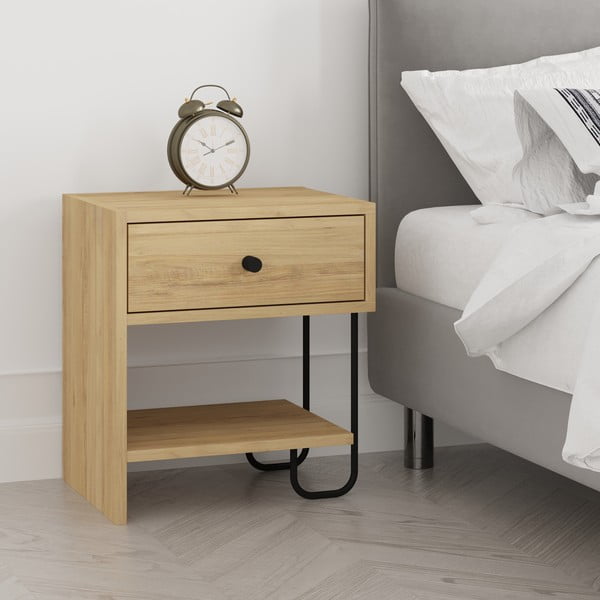 Nočna omarica v hrastovem dekorju s policami v naravni barvi Saturne – Marckeric-image-2