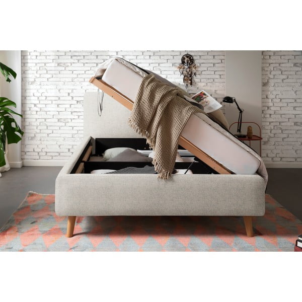 Bež oblazinjena zakonska postelja s prostorom za shranjevanje z letvenim dnom 140x200 cm Mattis – Meise Möbel-image-3