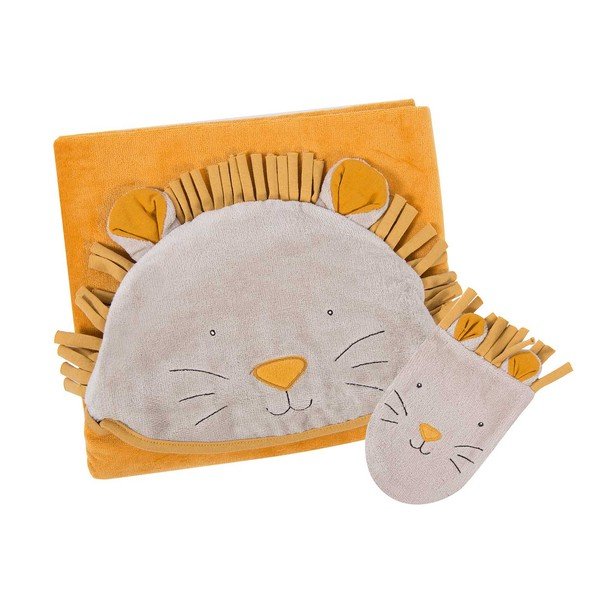 Rumena bombažna otroška brisača s kapuco in krpico 80x114 cm Sous mon Baobab - Moulin Roty-image-1