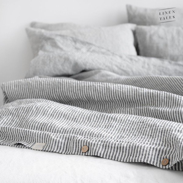 Bela/črna enojna/podaljšana lanena prevleka za odejo 140x220 cm Thin Black Stripes – Linen Tales-image-4