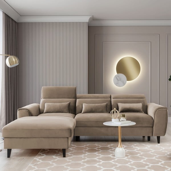 Svetlo rjava žametna raztegljiva/s prostorom za shranjevanje kotna sedežna garnitura (levi kot/z ležalnikom) Foble – ELTAP-image-1