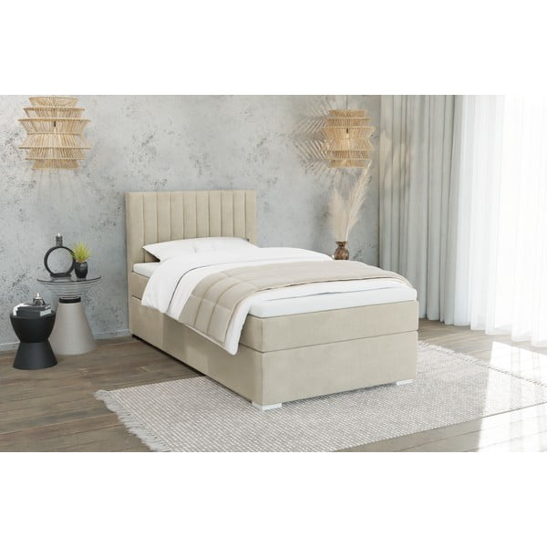 Bež oblazinjena postelja s prostorom za shranjevanje z letvenim dnom 90x200 cm Bunny – Ropez-image-1