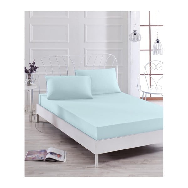 Komplet svetlo modrega elastičnega pregrinjala in prevleke za vzglavnik za enojno posteljo Basso Azul, 100 x 200 cm