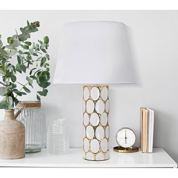Keramična namizna svetilka s tekstilnim senčilom v beli in zlati barvi (višina 56 cm) Glam Carv – Mauro Ferretti-image-1