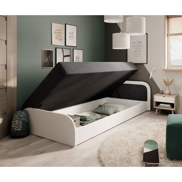 Bela/temno siva oblazinjena postelja iz iverne plošče s prostorom za shranjevanje in z vzmetnico 80x190 cm Parys – ELTAP-image-2