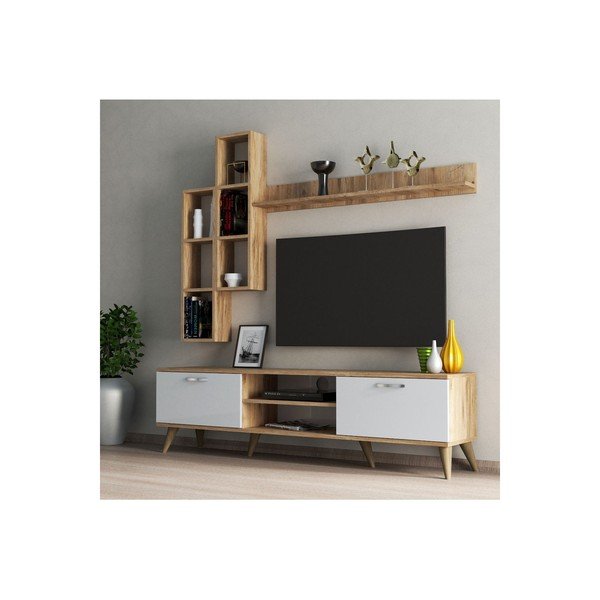 Televizijski komplet v borovem dekorju v beli in naravni barvi 180x48 cm Veronica - Kalune Design-image-1