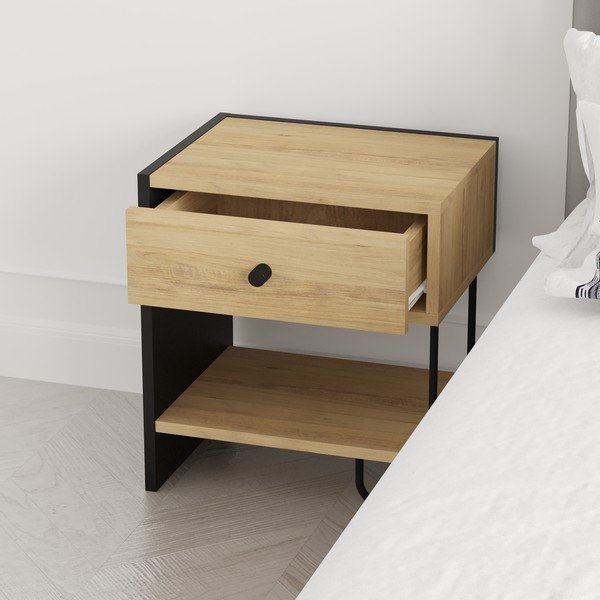 Črna/naravna nočna omarica v hrastovem dekorju s policami Saturne – Marckeric-image-2