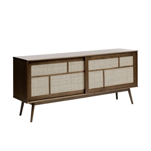Temno rjava nizka komoda v hrastovem dekorju z drsnimi vrati 180x80 cm Barrali – Unique Furniture-image-2