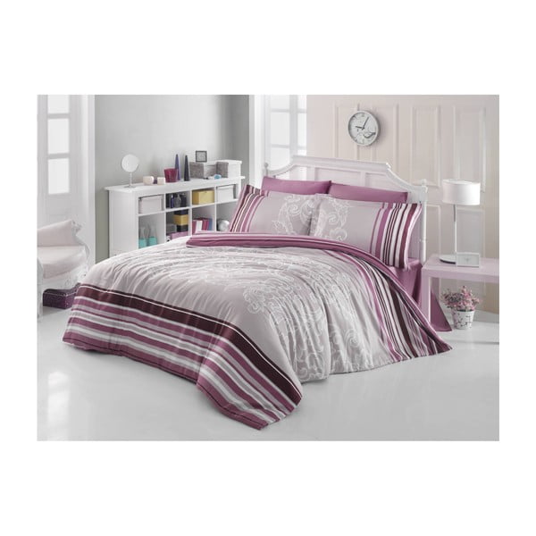 Vijolična bombažna posteljnina z rjuho za zakonsko posteljo Eve, 140 x 200 cm