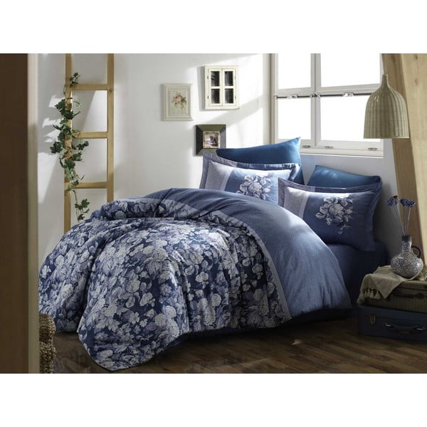 Modra podaljšana posteljnina iz bombažnega satena za zakonsko posteljo z rjuho in pregrinjalom 240x260 cm Amalia - Mijolnir