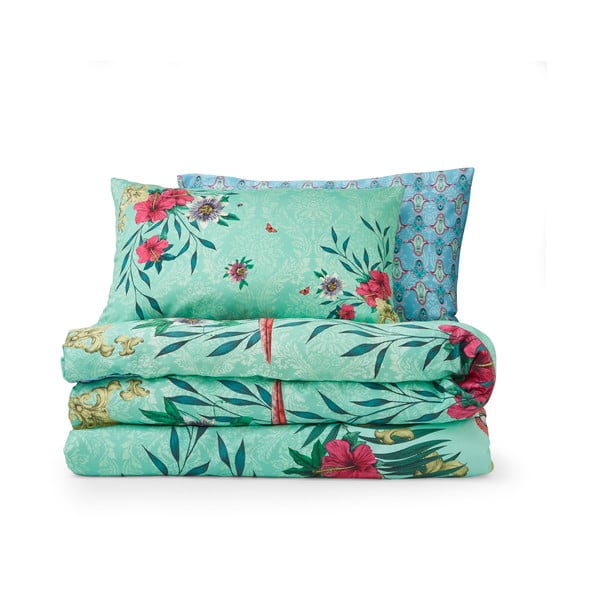 Zelena/modra podaljšana posteljnina za zakonsko posteljo iz bombažnega satena 230x220 cm Paradise Parrot – Matthew Williamson