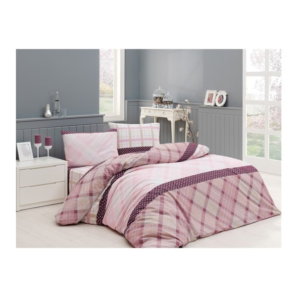 Vijolična in rožnata dvojna posteljnina iz bombaža ranforce, 200 x 220 cm