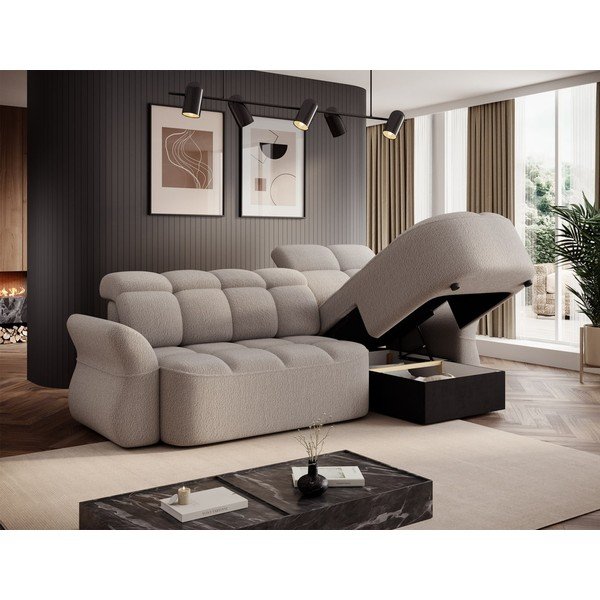 Bež raztegljiva/s prostorom za shranjevanje kotna sedežna garnitura iz tkanine bouclé (desni kot/z ležalnikom) Beneth – ELTAP-image-4