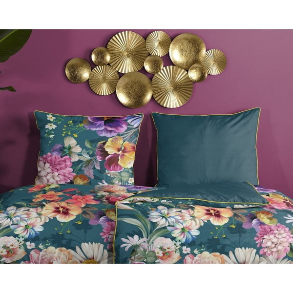 Petrolej modra posteljnina iz organskega bombaža Descanso Sunflower, 140 x 200 cm-image-2