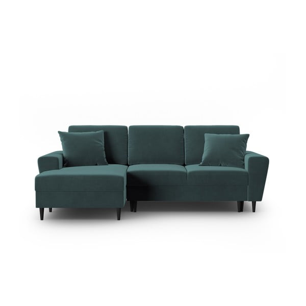 Modrozelena žametna raztegljiva kotna sedežna garnitura s prostorom za shranjevanje (levi kot/z ležalnikom) Kyoto – Cosmopolitan Design
