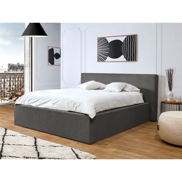 Temno siva oblazinjena zakonska postelja s prostorom za shranjevanje in letvenim dnom 160x200 cm Nihad – Bobochic Paris-image-1