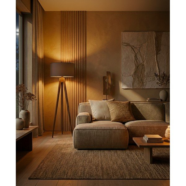 Črna/rjava stoječa svetilka s tekstilnim senčilom (višina 153 cm) Tripod – Opviq lights-image-1