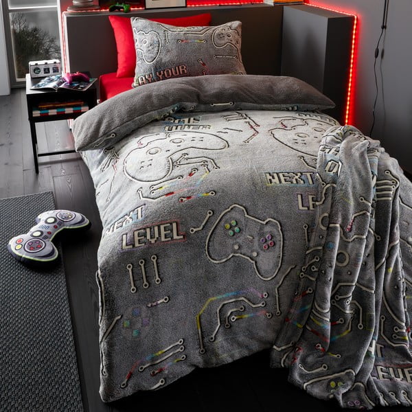 Siva otroška odeja s svetlečim učinkom iz mikropliša 130x170 cm Game Over – Catherine Lansfield-image-1