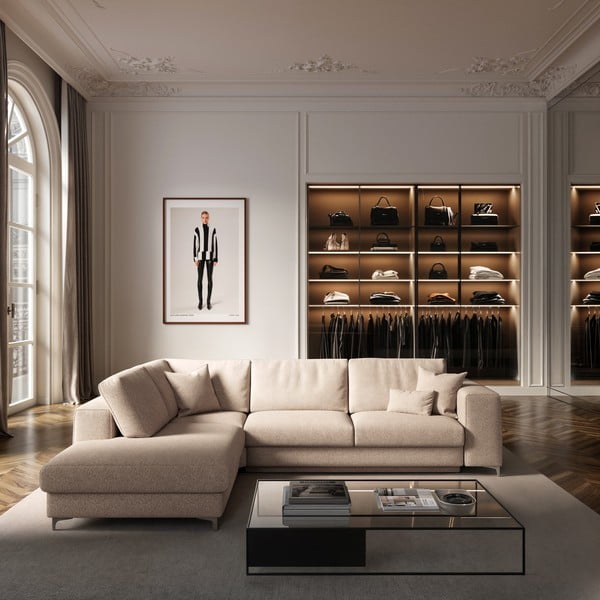 Bež raztegljiva kotna sedežna garnitura s prostorom za shranjevanje iz tkanine bouclé (levi kot/v obliki črke L) Rene – Rodier-image-1