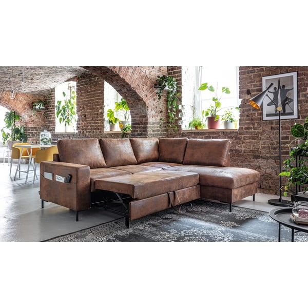 Rjava raztegljiva kotna sedežna garnitura iz umetnega usnja (desni kot) Lofty Lilly – Miuform-image-4