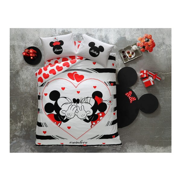 Bombažna posteljnina z rjuho za zakosnko posteljo Tac Mickey & Minnie Amour, 200 x 220 cm