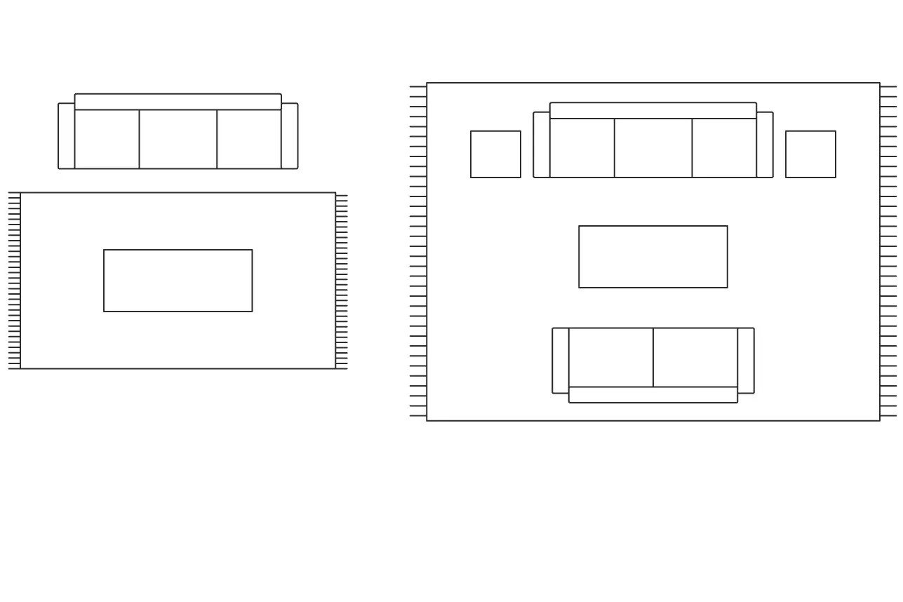 Za večjo dnevno sobo poiščite preprogo, ki bo širša od sedežne garniture.