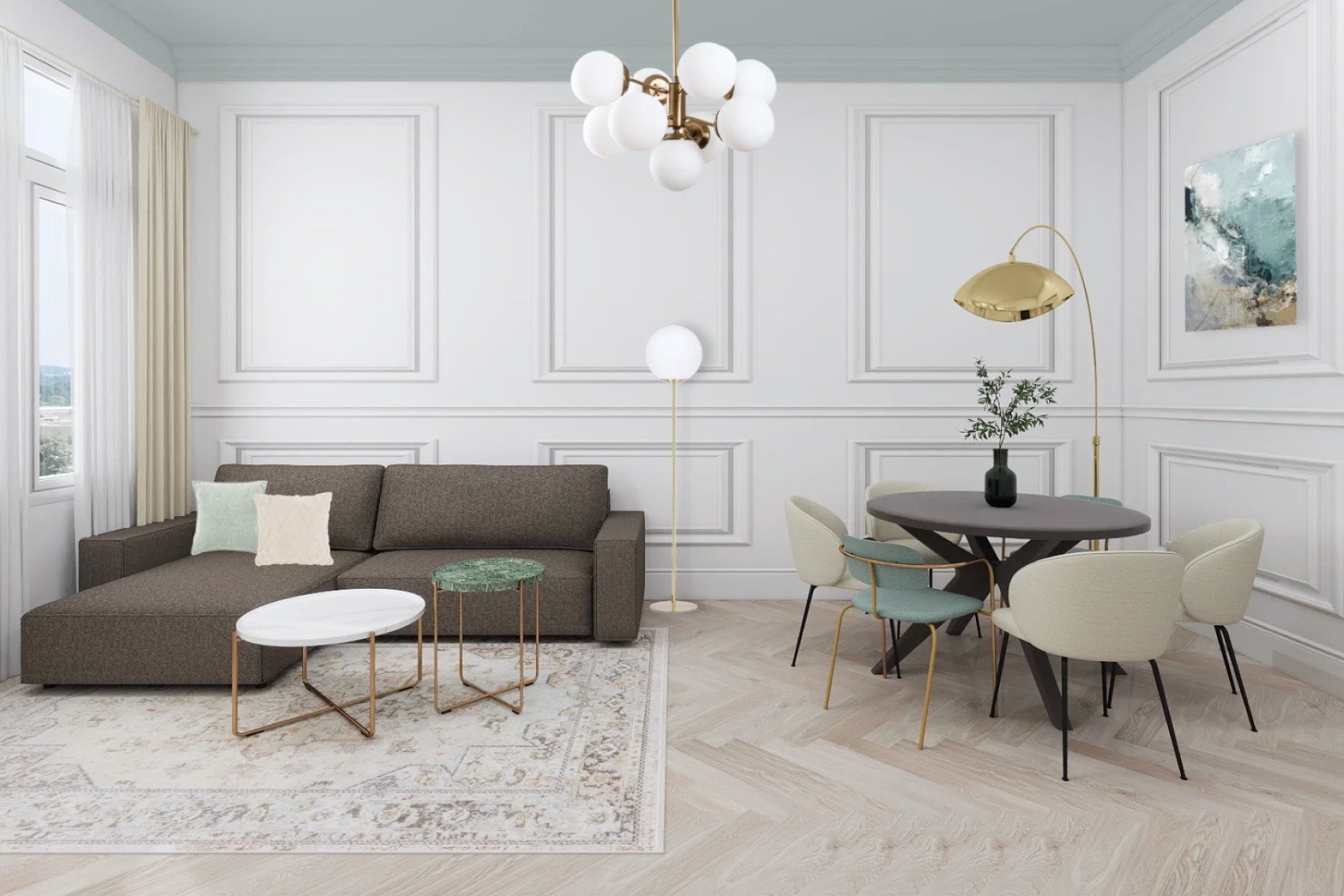 Dnevni prostor zaznamujejo visoki stropi, simetrija in subtilni glamurozni detajli.