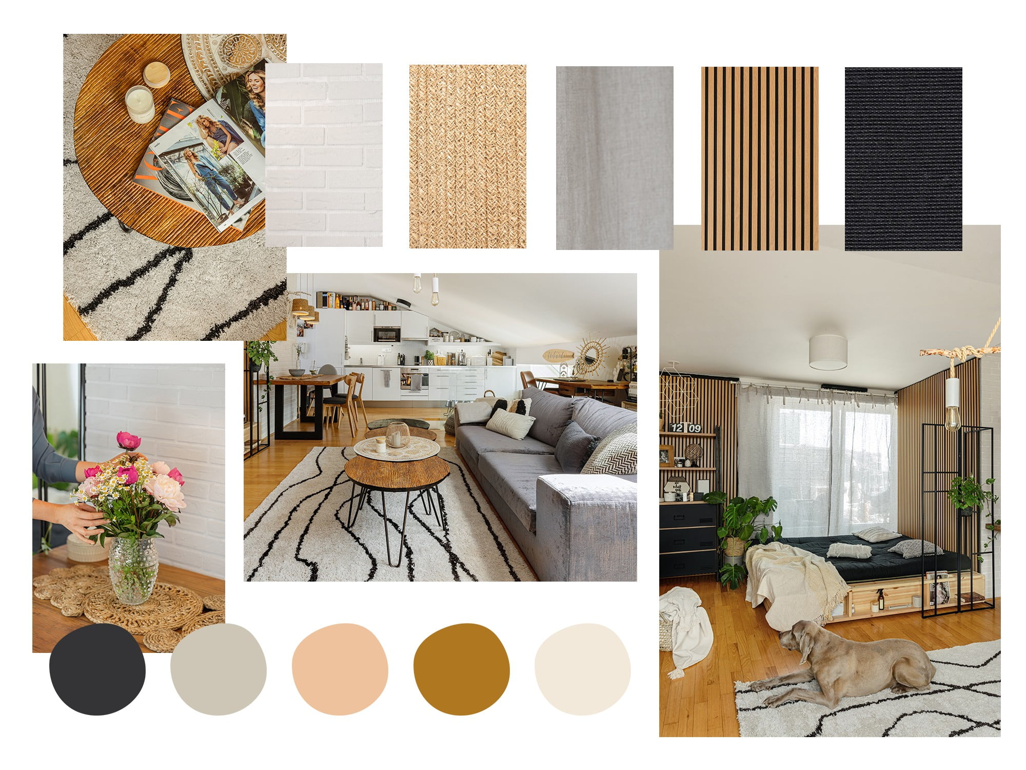 Kombinacija barv in materialov v notranjosti mansardnega stanovanja.