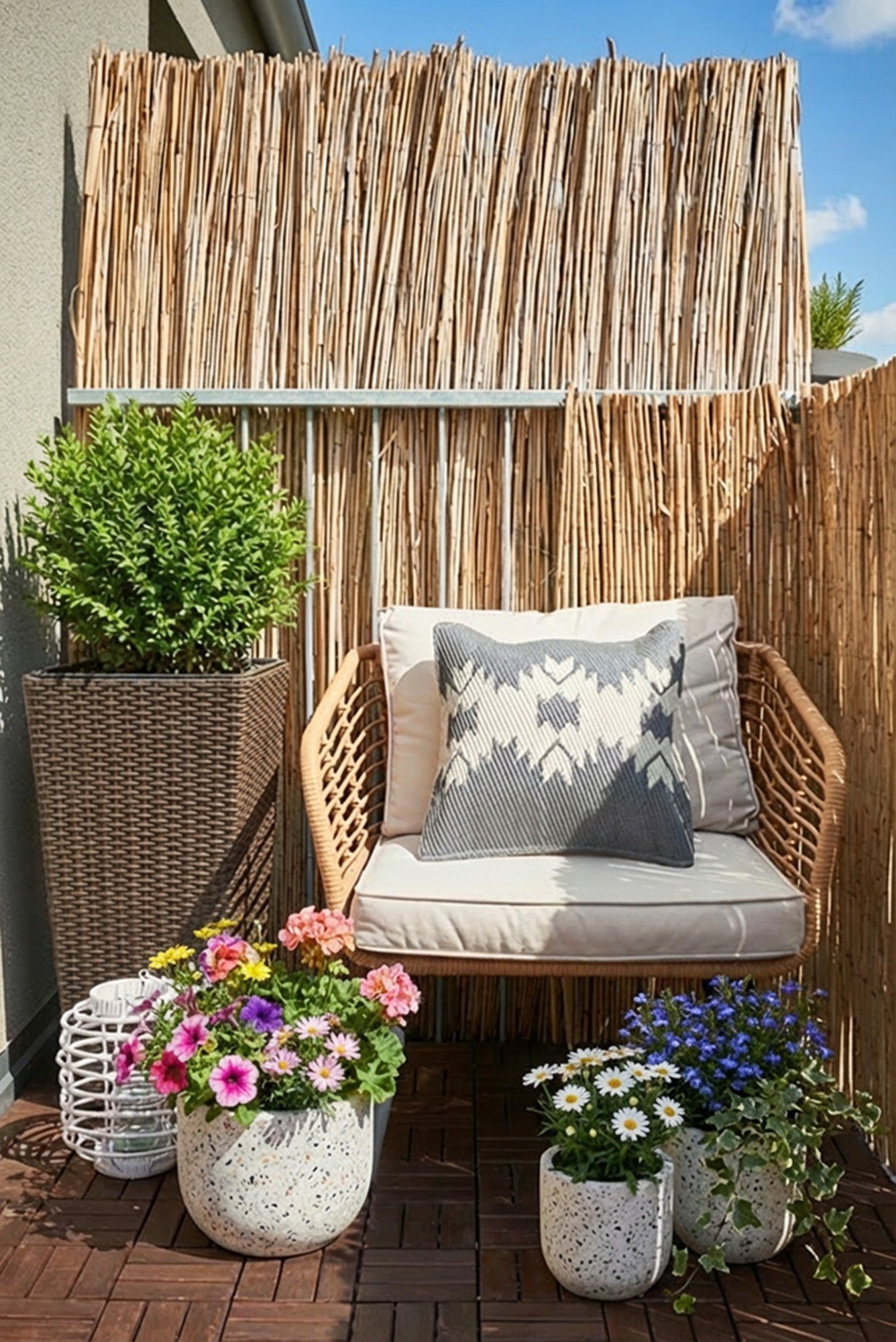 Zasebnost lahko enostavno ustvarite z naravno pregradno steno iz bambusa ali trstja, ki prostoru hkrati doda udobje.