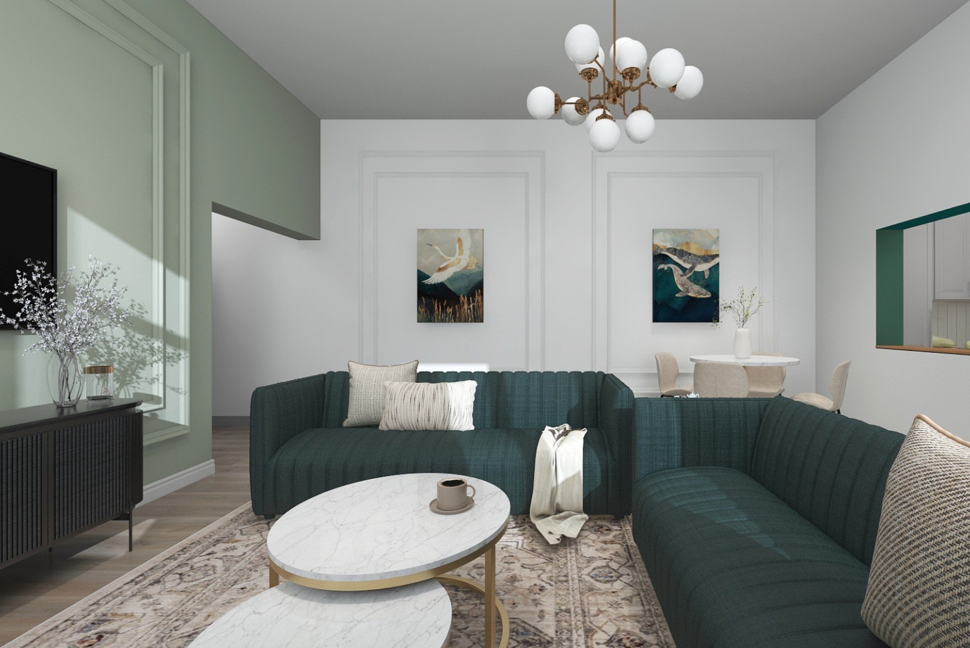 Ideja: Očarljiva sedežna garnitura naj predstavlja središče celotnega dnevnega prostora. Barvna shema in razpored pohištva spodbujata občutek prostora in udobja.