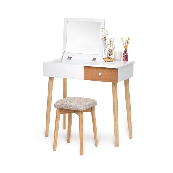 Bela kozmetična miza z ogledalom, prostorom za nakit in stolčkom Chez Ro Beauty