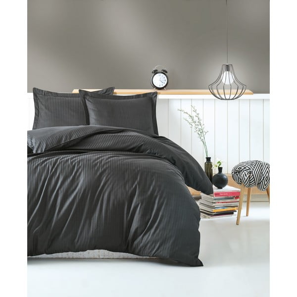 Temno siva posteljnina z rjuho Stripe, 200 x 220 cm