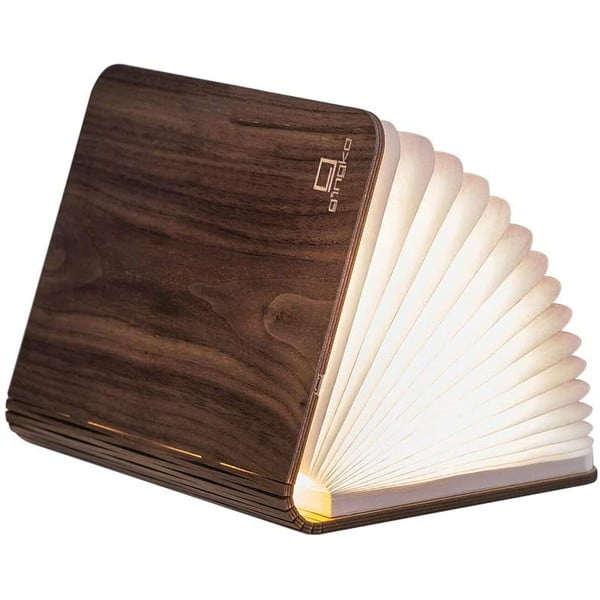 Temno rjava velika namizna svetilka LED v obliki knjige iz orehovega lesa Gingko Booklight