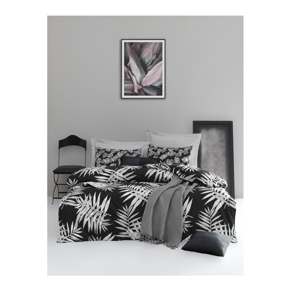  Posteljnina z rjuho za zakonsko posteljo iz bombaža Mijolnir Palmiye Black, 200 x 220 cm