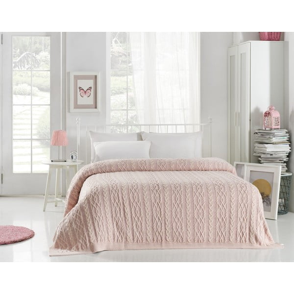 Svetlo rožnato pregrinjalo za posteljo Knit, 220 x 240 cm