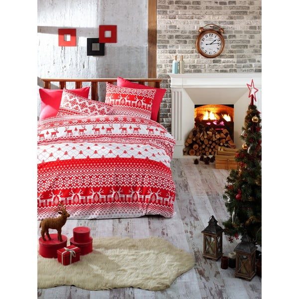 Posteljnina z rjuho za enojno posteljo iz ranforce bombaža Nazenin Home Winter Red, 140 x 200 cm
